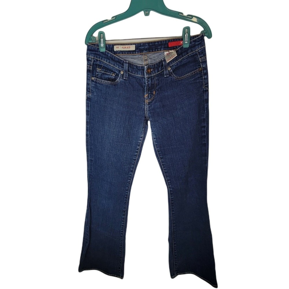 EXPRESS EX2 Flare SIZE 4 Blue‎ Dark Wash Faded SLIM w10 Low Rise Flare
